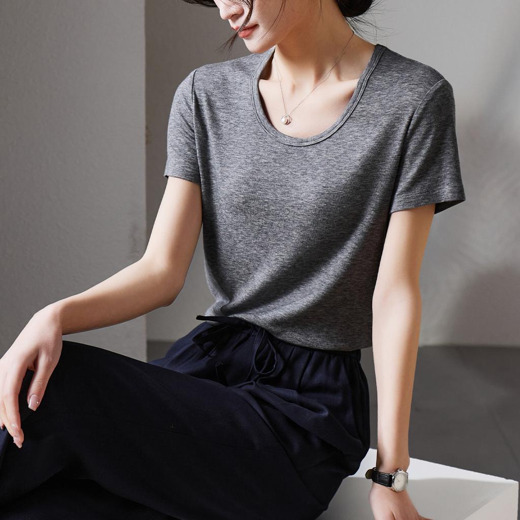 U-neck short sleeved t-shirt for women in summer 2025, fashionable and versatile, slimming solid color casual top