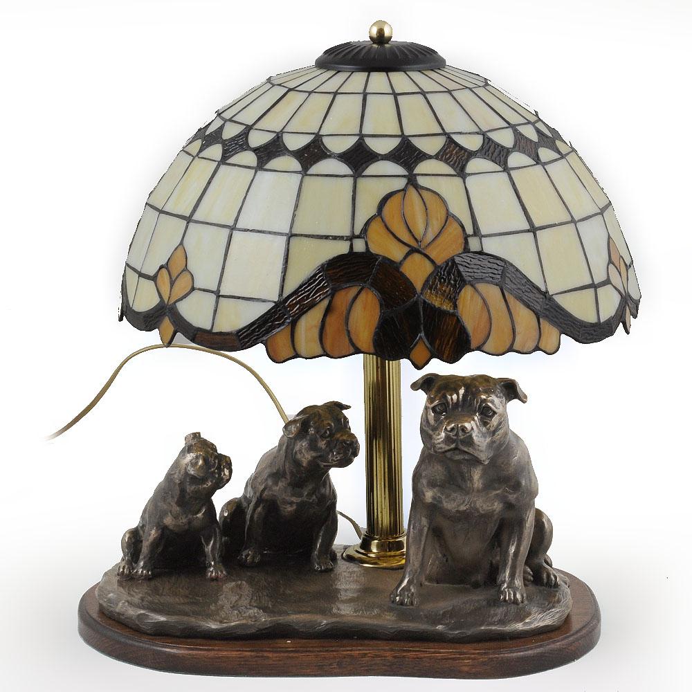 

American Staffordshire Terrier - stained glass lamp with a lampshade, table lamp with a dog statue, interior decor in retro style by Art-Dog brand
