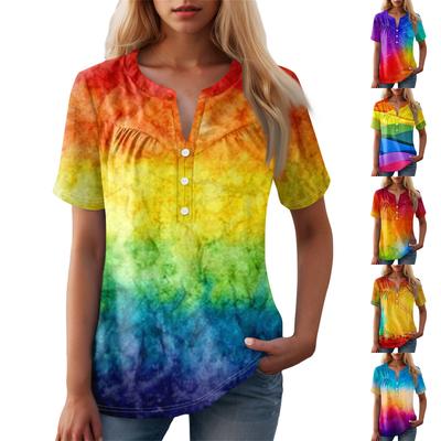 Women's Casual Floral Print V-Neck Short Sleeve Decorative Button T-Shirt Top