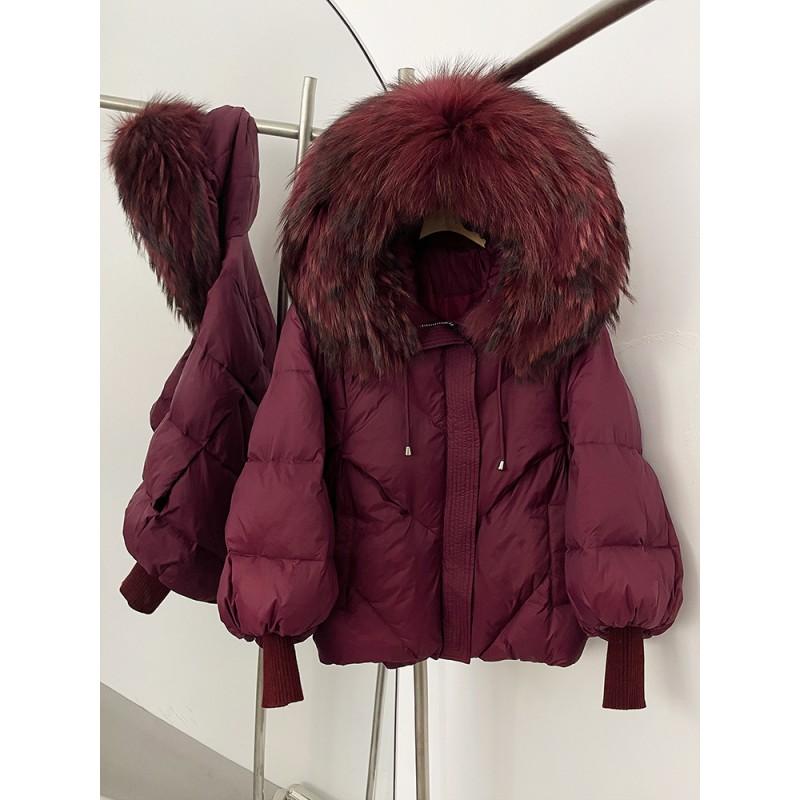 Womens Hooded Down Coat With Raccoon Fur Trim Knit Sleeve Loose Fit Mid-Length Warm Winter Jacket