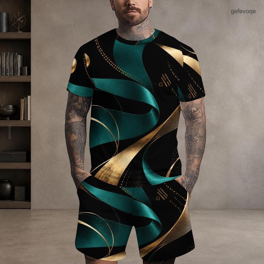 Men s Plus Size Printed Round Neck Short Sleeve Top And Shorts Two Piece Set