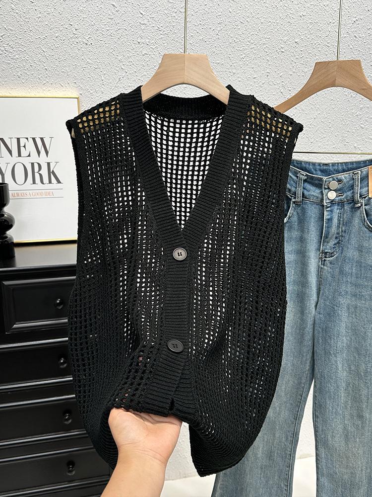 Gilet all'uncinetto con bottoni per donna, scollo a V, senza maniche, traforato, top, outfit estivo Boho Chic Vintage