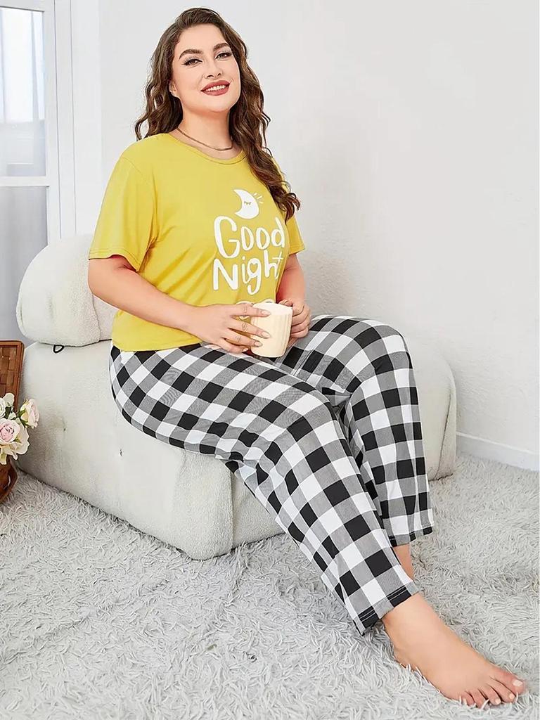 2024 Übergröße Damen Pyjama-Set - Gestreifte Karohose & Wasserzeichen-Oberteil