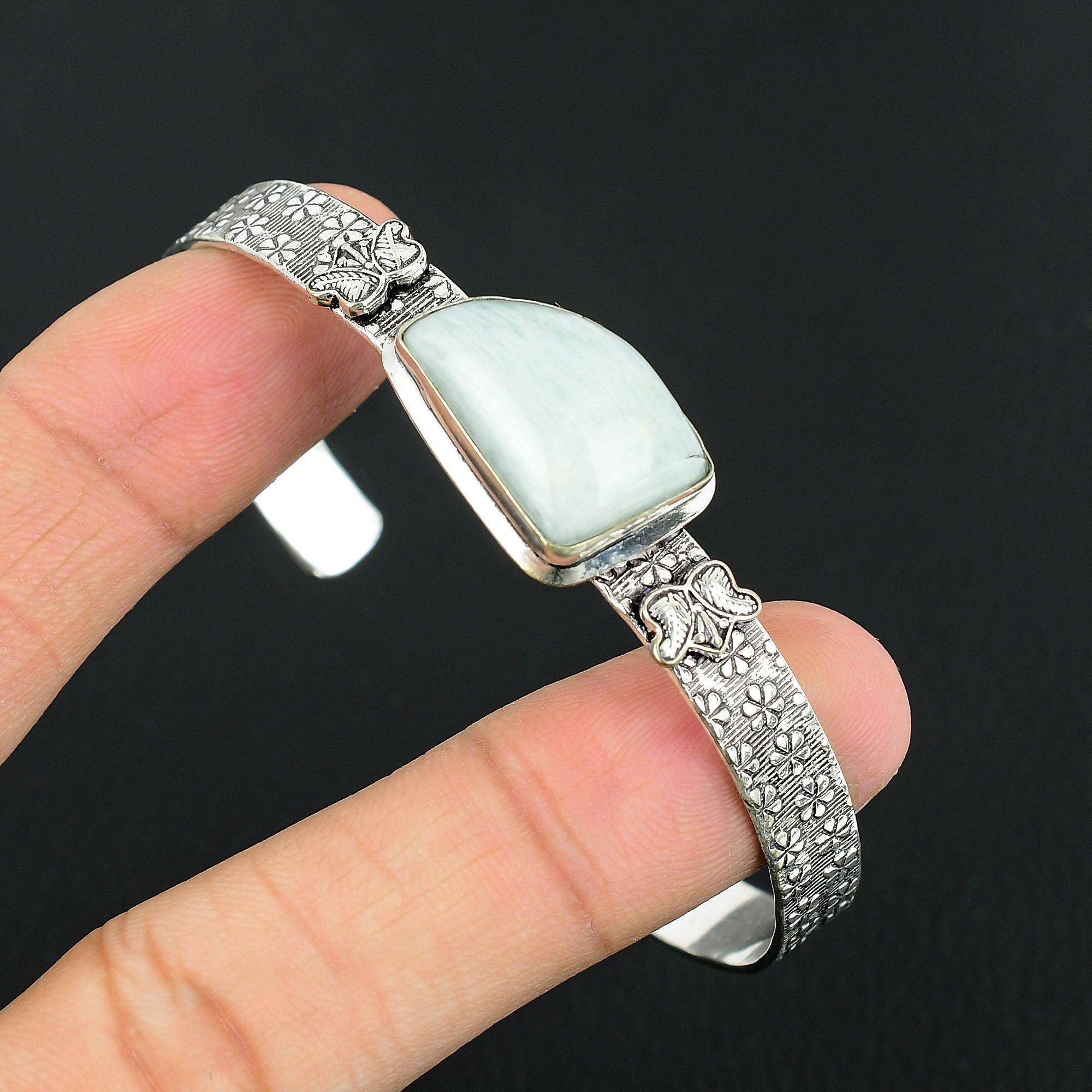 Natural Amazonite Gemstone Bangle Adjustable 925 Sterling Silver For Women Adjustable