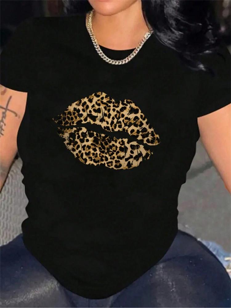 Women's Fashion Leopard Print Lip Print Summer Casual Short-Sleeve T-Shirt Summer Streetwear Graphic Tshirts Personality Y2K Top