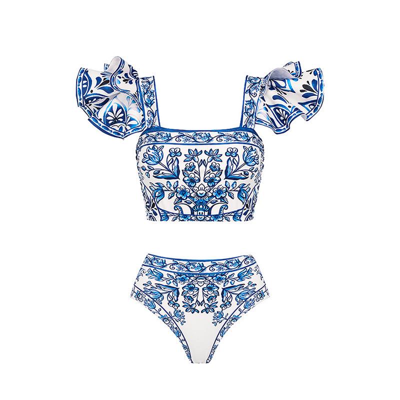 

Европейско-американский купальник бикини с принтом и оборками, квадратный вырез Small синий