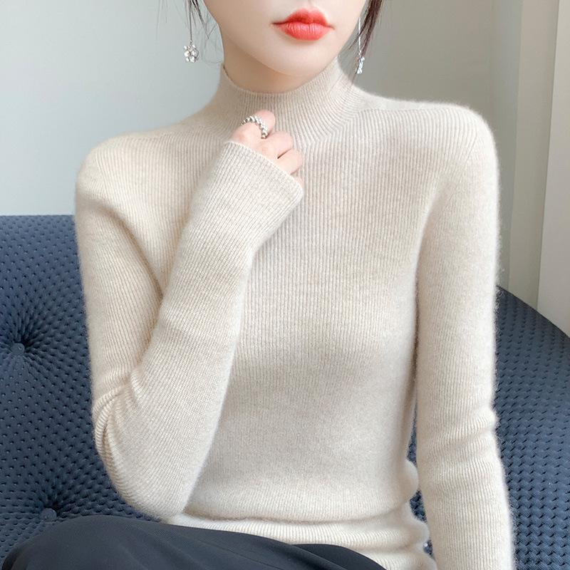 Women's Slim Fit Solid Color Knit Pullover Sweater – Autumn/Winter Long Sleeve Half-High Neck Base Layer