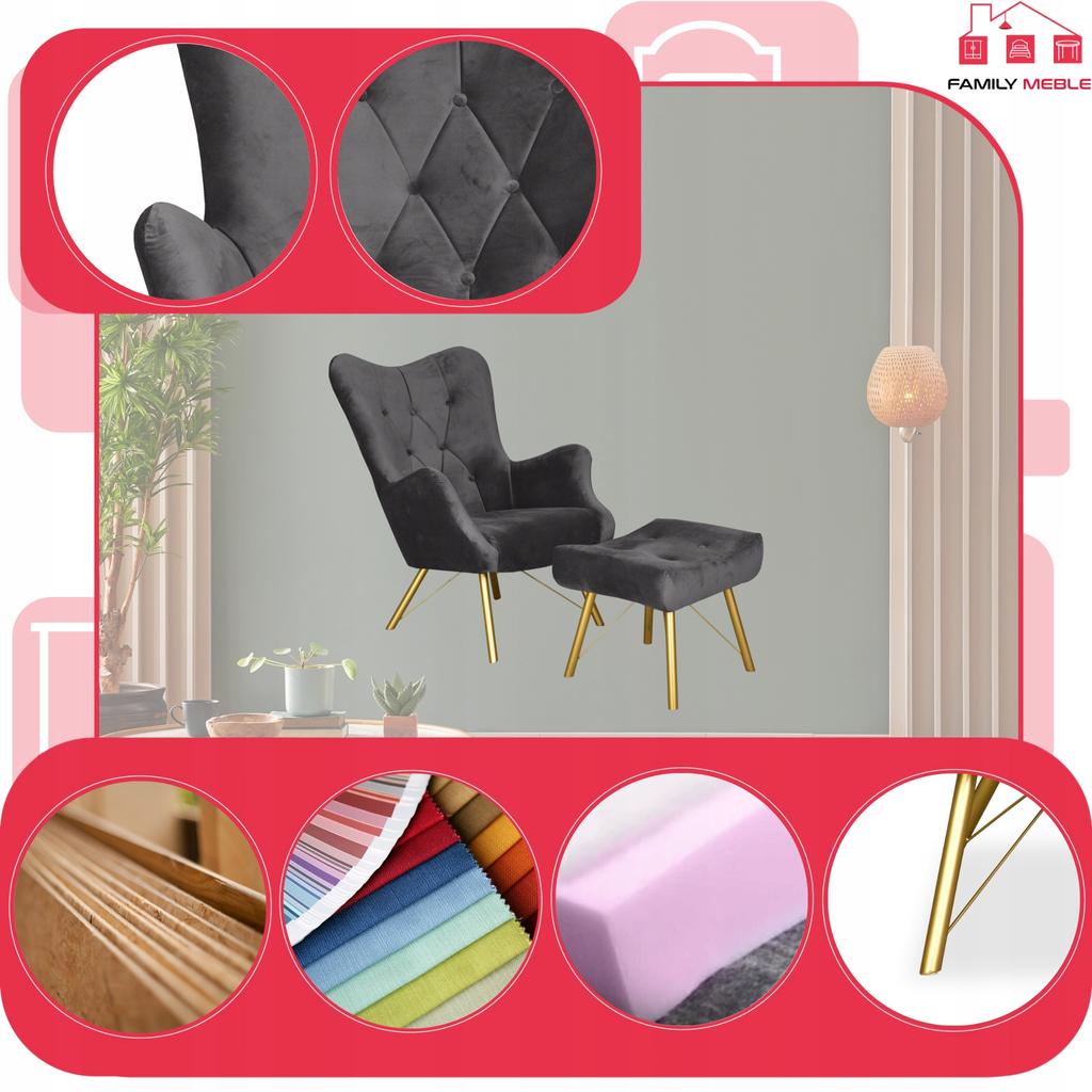 Scandinavian Armchair Luna with Footrest, Pouffe, Button, Family Meble, Dark Gray