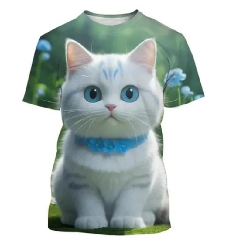 Summer 3D Cat Fashion Printed T-shirt Cute Animal Theme Men Women Casual Comfortable Short Sleeved Round Neck T-shirt