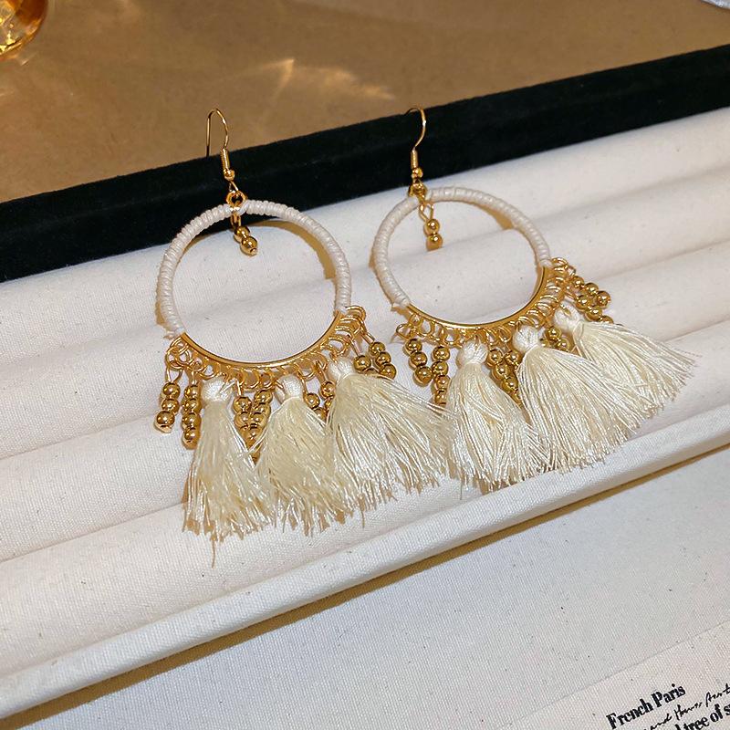 Bohemian water droplets crystal rice beads fringed ear hooks retro ethnic style earrings fashion vacation style earrings