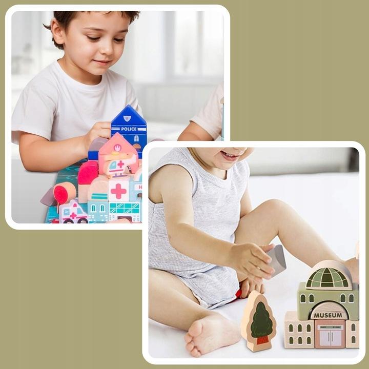 Zestaw Klocki Drewniane Miasto Auta Zestaw Puzzle Mata 115 Klocków Edu