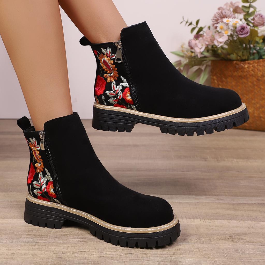 Winter 2025 Suede Print Booties Women's Plus Size Side Zipper Vintage Round Toe Muffin Martin Boots