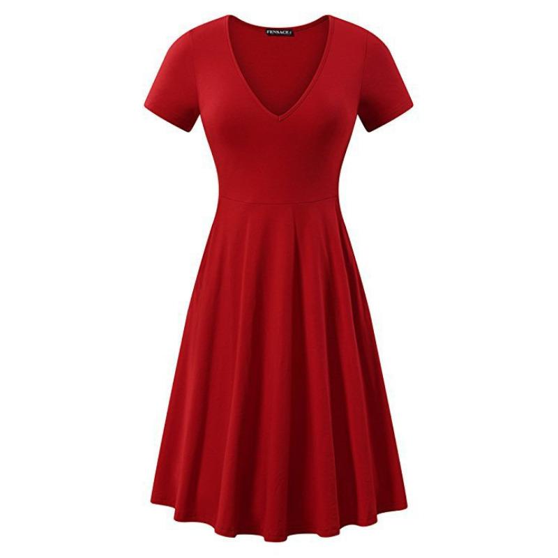 Spring and Summer Large Size Solid Color V-neck Short-sleeved Simple Loose Dress