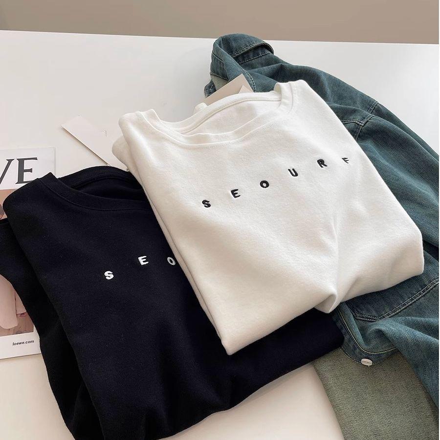 Women's Trendy Short-Sleeve Embroidered T-Shirt - Brushed, Slim Fit, Solid Color Round Neck Tee for Autumn