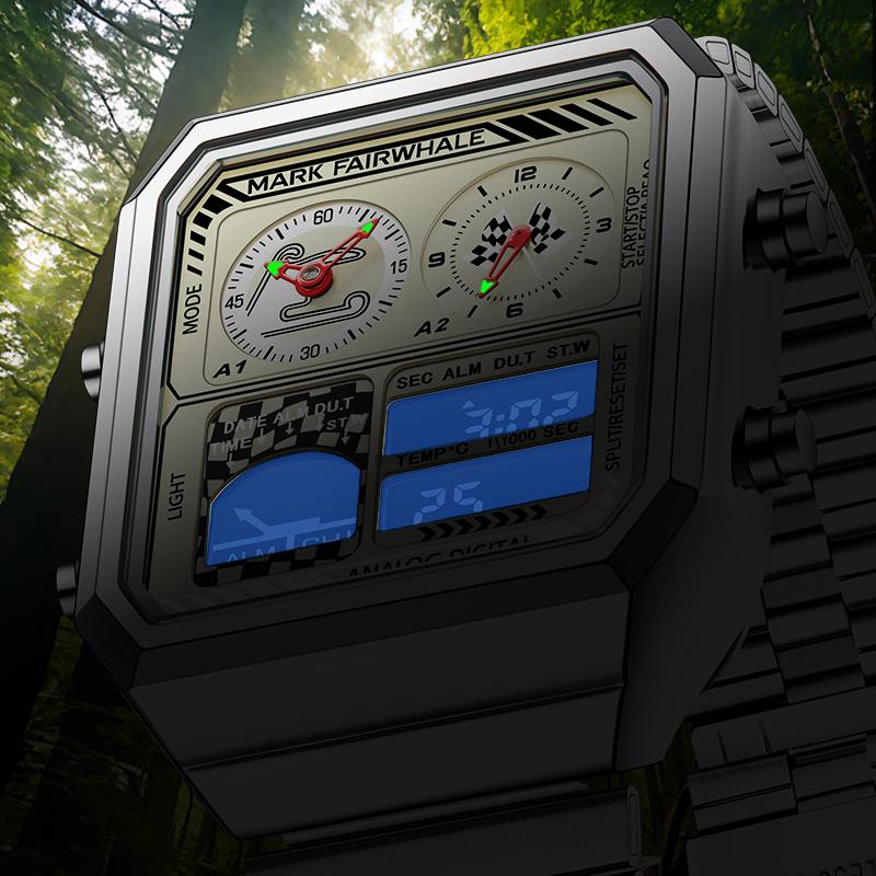 MARK FAIRWHALE Watches for Man 4460 Stainless Steel Trend Square Dial Multifunctional Alarm Clock Luminous Waterproof Men Watch