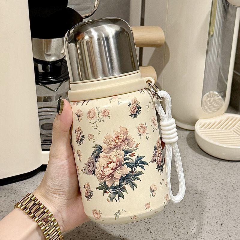 Chinese Style Rose Peony Insulated Cup with Lanyard, Large Capacity, Portable, Tea Separation Feature, Exquisite Stew Pot Design