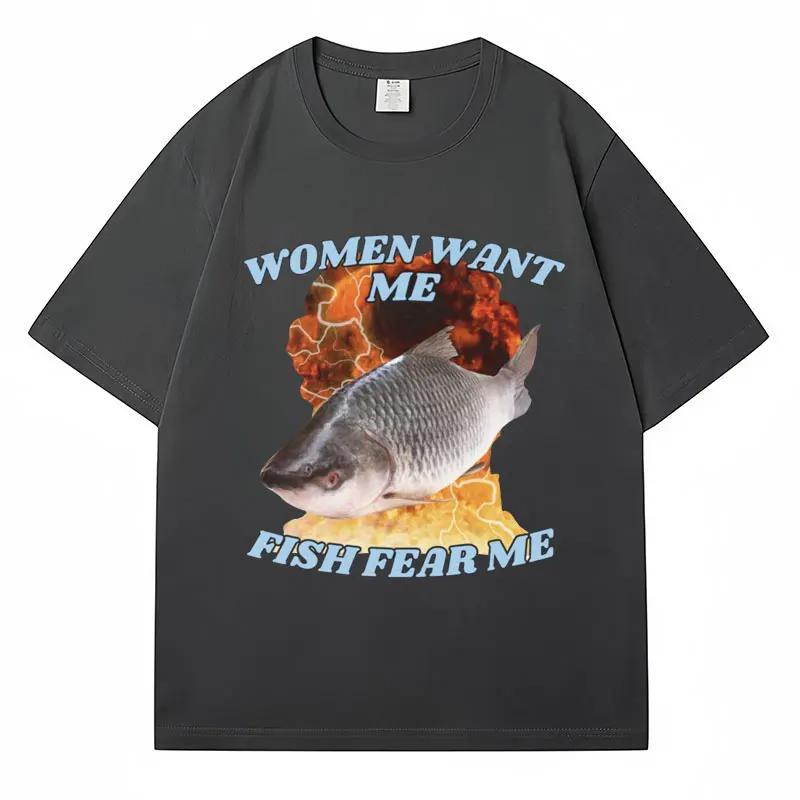 Vintage Lustig Frauen wollen mich Fische fürchten mich Meme Grafik T-Shirt Mode Harajuku Angeln T-Shirts Männer Frauen Baumwolle Sommer T-Shirts