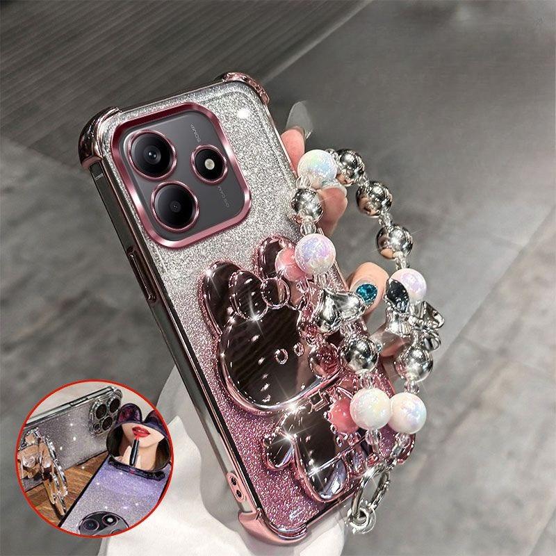 

Чехол для телефона с кронштейном-зеркалом в виде кролика для Redmi Note 14 S Pro 13 Pro Plus 14C A5 с браслетом, амортизирующий чехол с воздушными подушками на четырех углах Case & Holder&Redmi A5 4G розовый