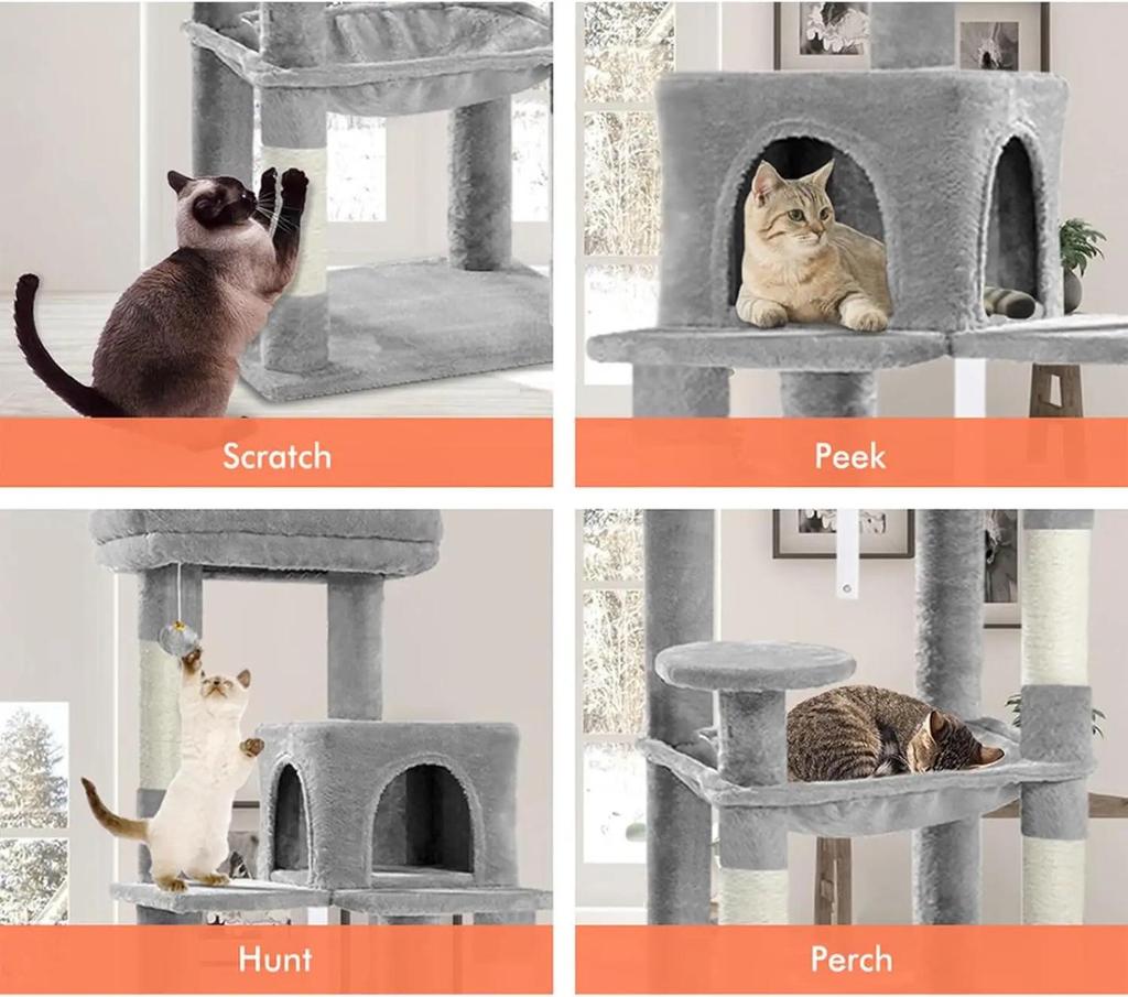 Albero per Gatti Quattro Stagioni con Cuscino in Lana d'Agnello, Tiragraffi in Sisal, Struttura Grande e Giochi per Gatti