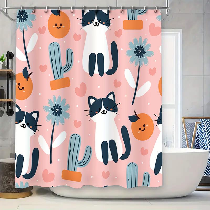 

Pink Bathroom Shower Curtain With Cute Cats And Cacti Pattern Perfect For Adding Colorful Charm To Your Bath Space! W60H190(CM)-1 Pcs