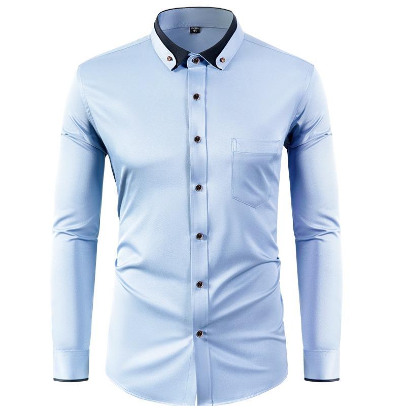 Men's Long Sleeve Stretch Shirt, Slim Fit Solid Color Shirt with Contrast Collar and Rhinestone Buttons, Button-Up Shirt Top
