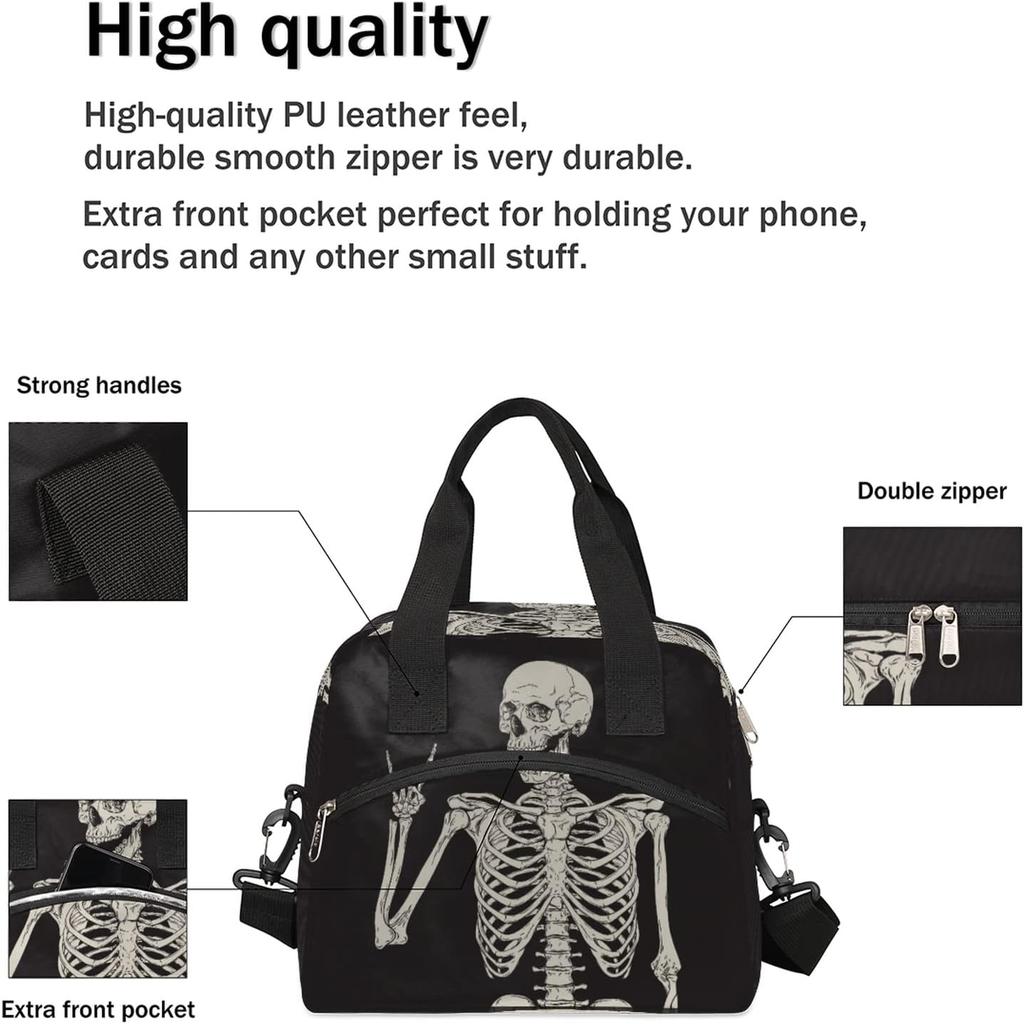 Funny Skull Lunch Bag Tote Bag Leakproof Cooler Bag Insulated Lunch Box with Front Pocket Water-resistant Thermal Lunch Bags with Shoulder Strap for