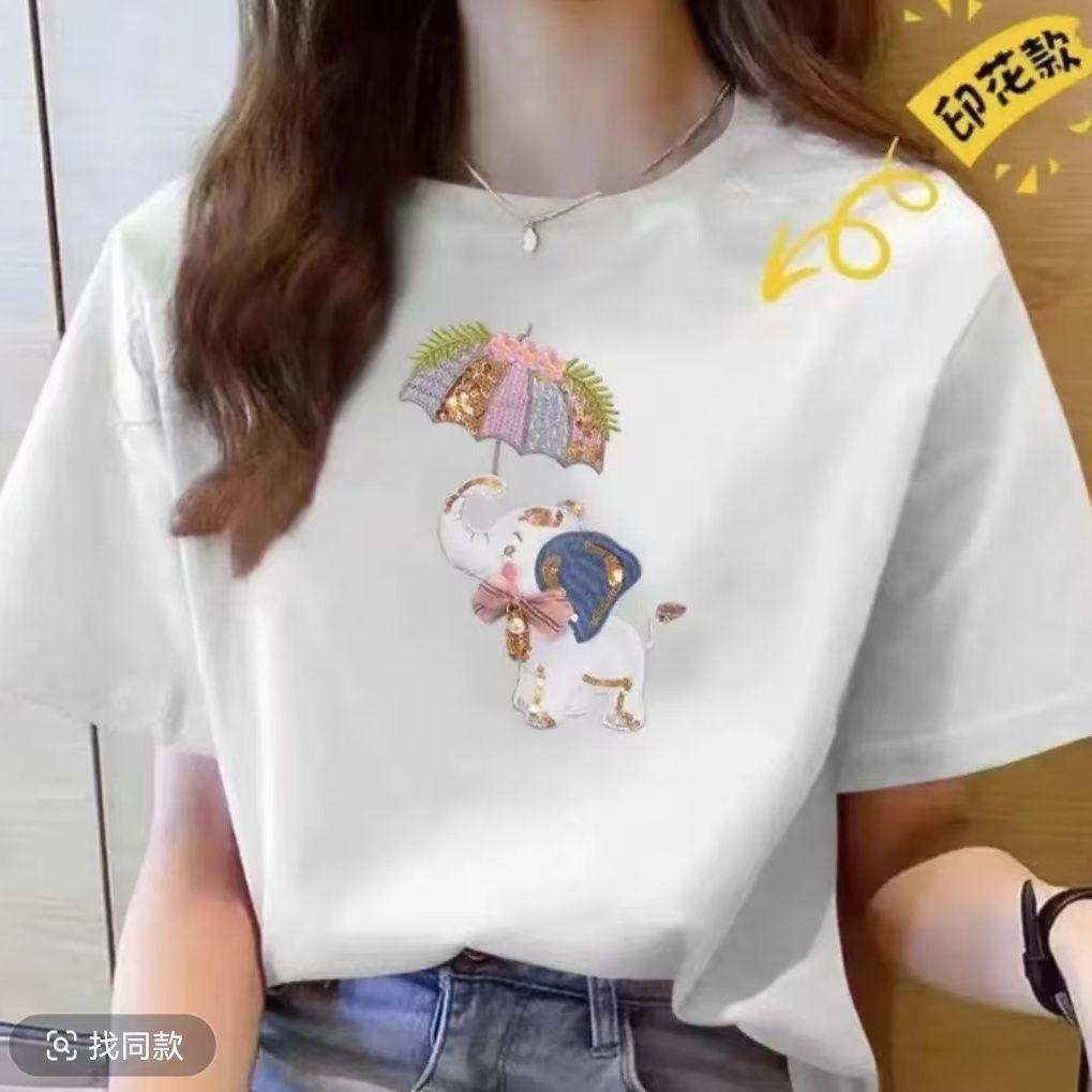 White Women's Internet Celebrity Summer Wear New Korean Version Casual Loose Large Size Women's Short Sleeve Printed T-shirt Women's Round Neck T