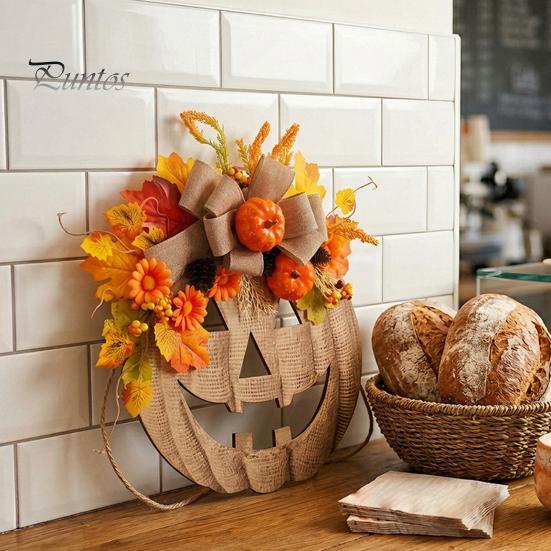Illuminated Pumpkin Garland with Lights Wooden Halloween Door Sign LED Lights, Artificial Floral Hanging Burlap Wreath Berries Ornament for