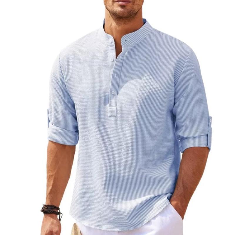 Men's Long Sleeve Shirts Spring Autumn Solid Color Stand Collar Casual Beach Style Plus Size S-5XL