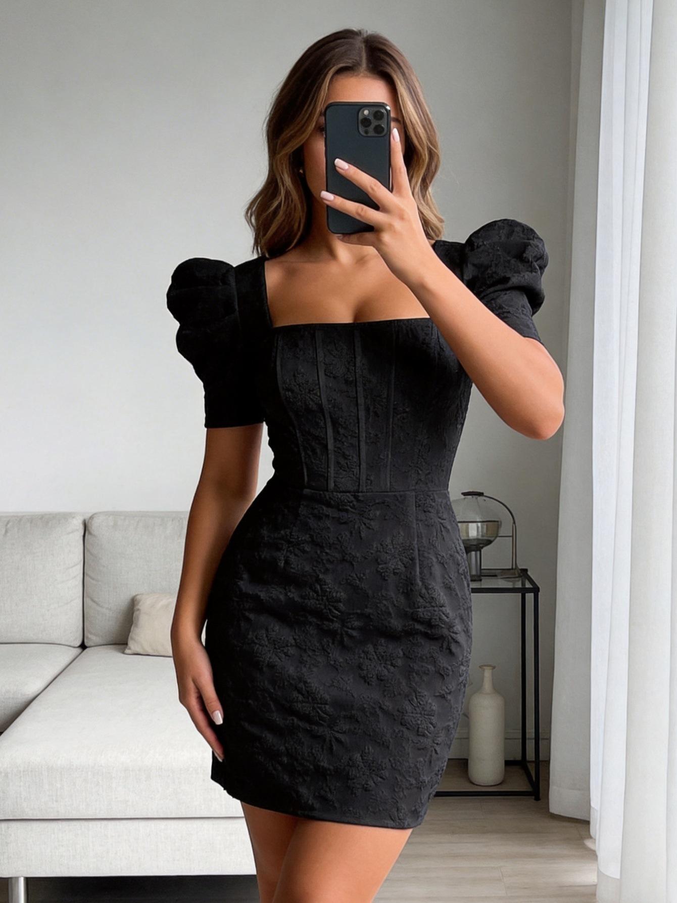 

European and American style square collar bubble sleeves black jacquard dress women s waist and thin short temperament fashion dress XS чёрный