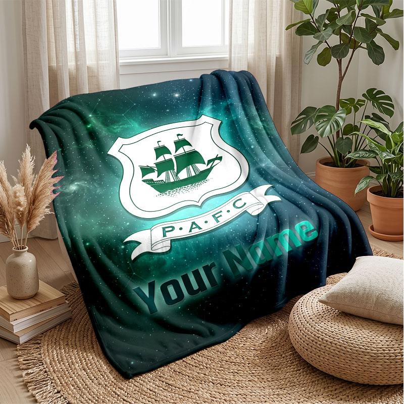 Plymouth Argyle FC Custom Name Text Flannel Blanket Soccer Logo Personalized Fleece Throw Blanket Special Gift For Sofa Bedroom Home