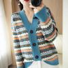 Autumn and winter foreign style striped retro jacquard long-sleeved knitted cardigan fashionable V-neck contrasting color with loose sweater jacket