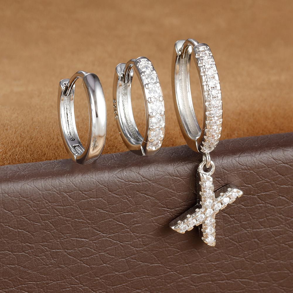 3pcs Silver Color Stainless Steel 26 Letters Hoop Earrings Set For Women A-Z Crystal Zircon Geometric Earrings Wedding Jewelry