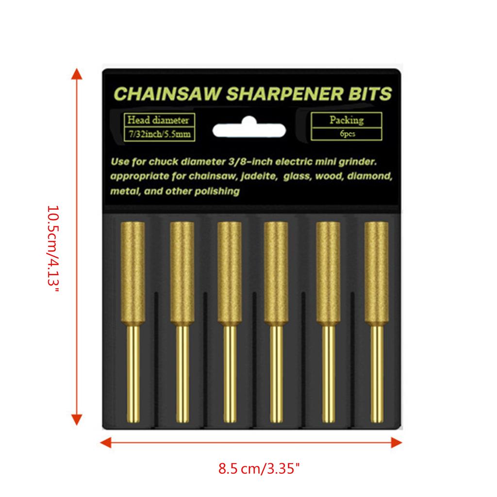 6pcs Chainsaw Sharpening Stone Chain Saw Sharpener Diamond Grinding Tool Titanium-Plated Grinding Bits 4mm/4.8mm/5.5mm