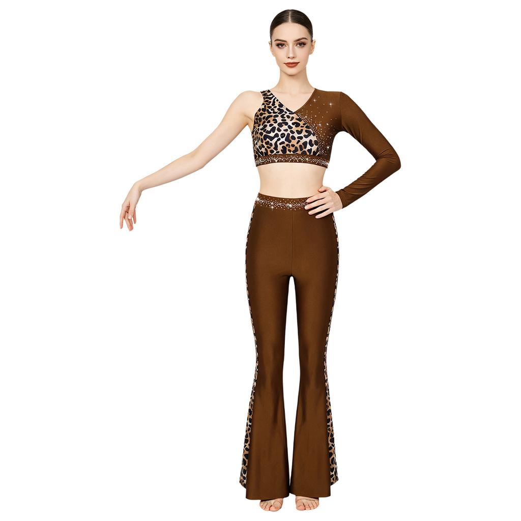 Leopard Print Rhinestone One Shoulder Crop Top and Flared Pants Set for Women Latin Jazz Dance Competition Stage Show