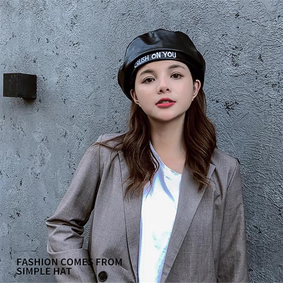 Beret Women's Spring Autumn New Embroidered Letter PU Leather Flat Top Japanese and Korean Street Shooting Fashion Bud Hat