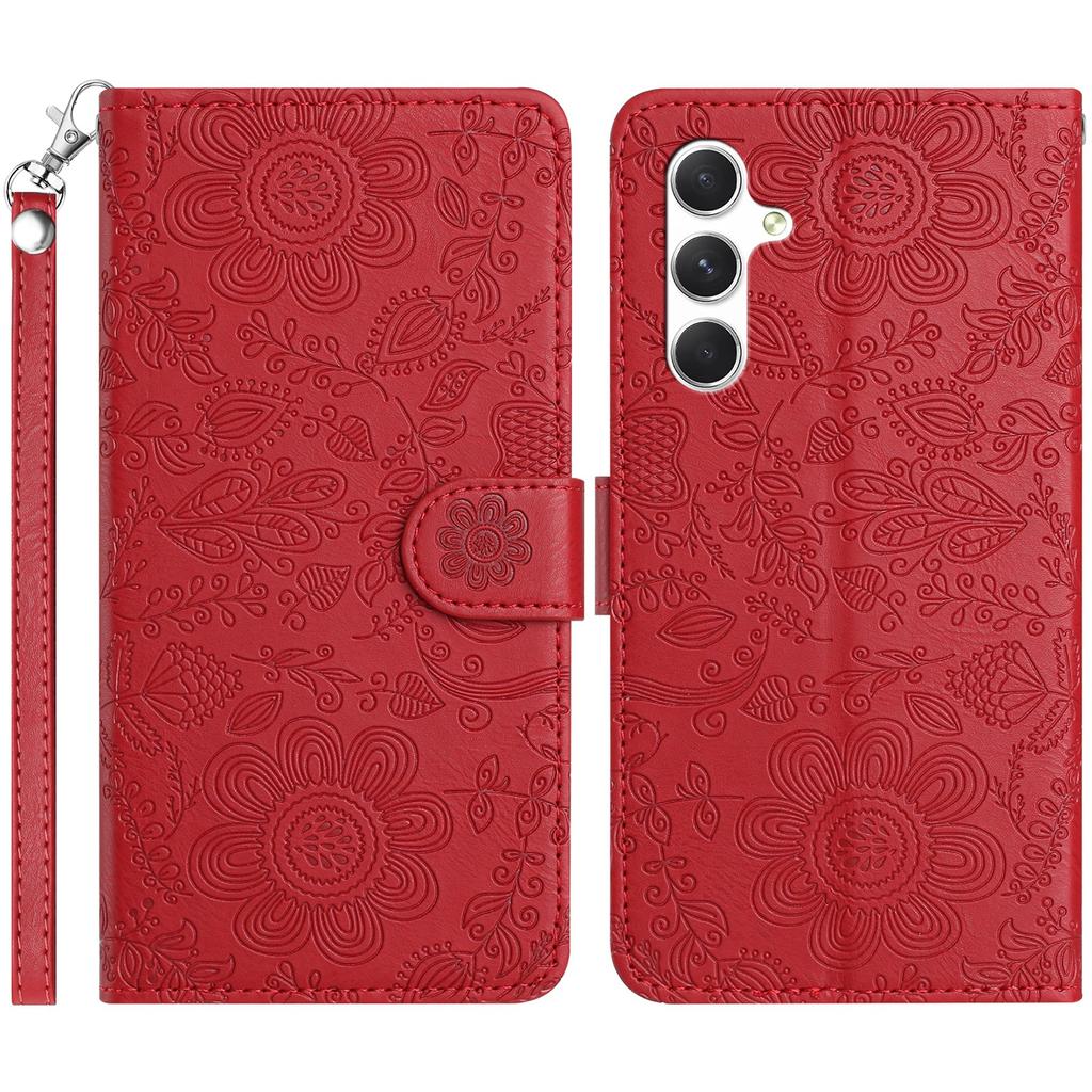 For Samsung Galaxy S25+/S24+ Case Flower Imprint Leather Flip Wallet Phone Cover with Wrist Strap