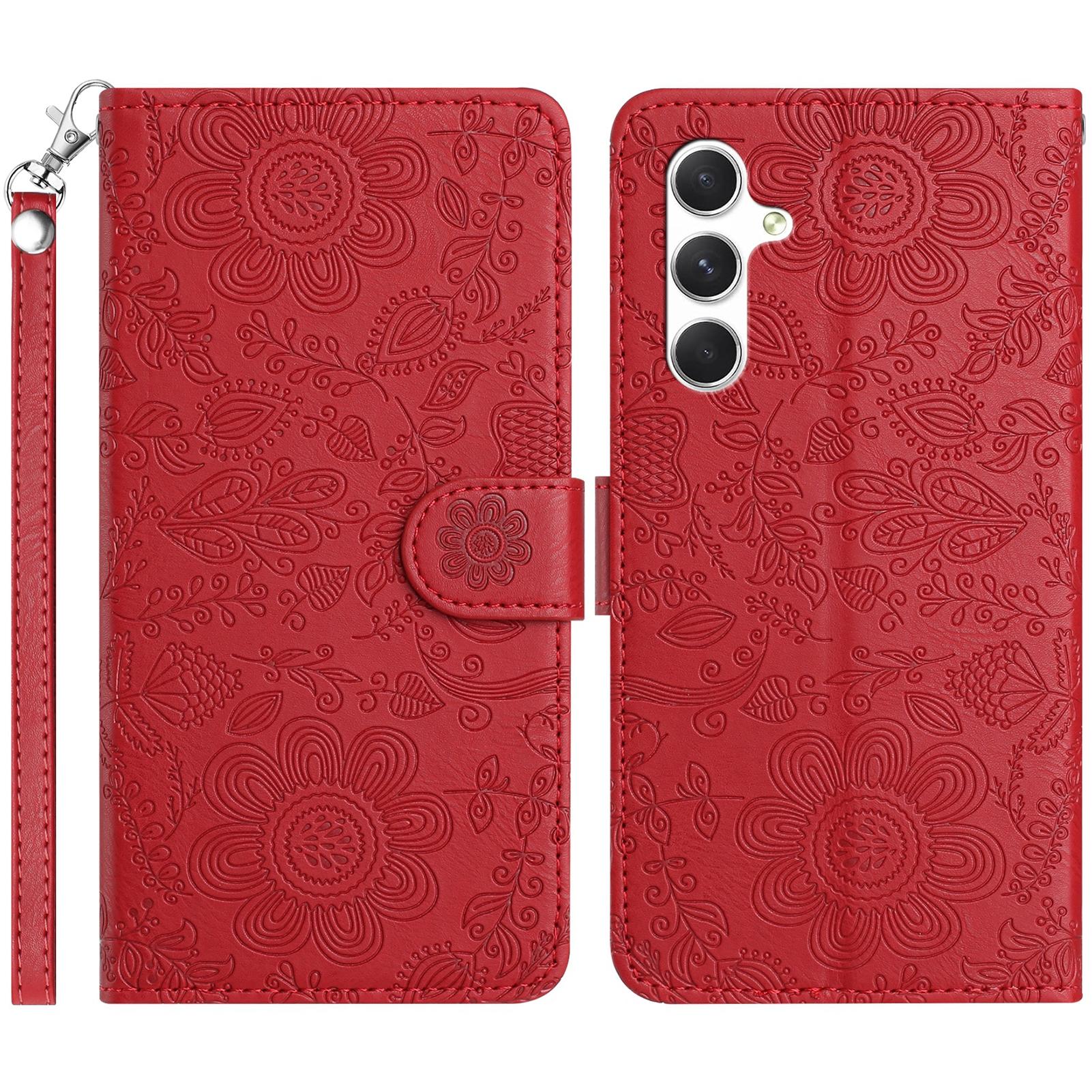 

Чохол для Samsung Galaxy A34 5G Шкіряний чохол-книжка з квітковим тисненням та ремінцем на зап ястя Red