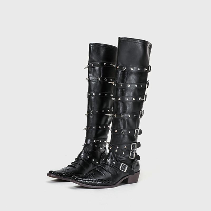 Fashion Fashion Rivet Metal Buckle Decoration Women Knee-High Knight Boots Autumn Winter Punk Gothic Leather Motorcycle Boots Shoes
