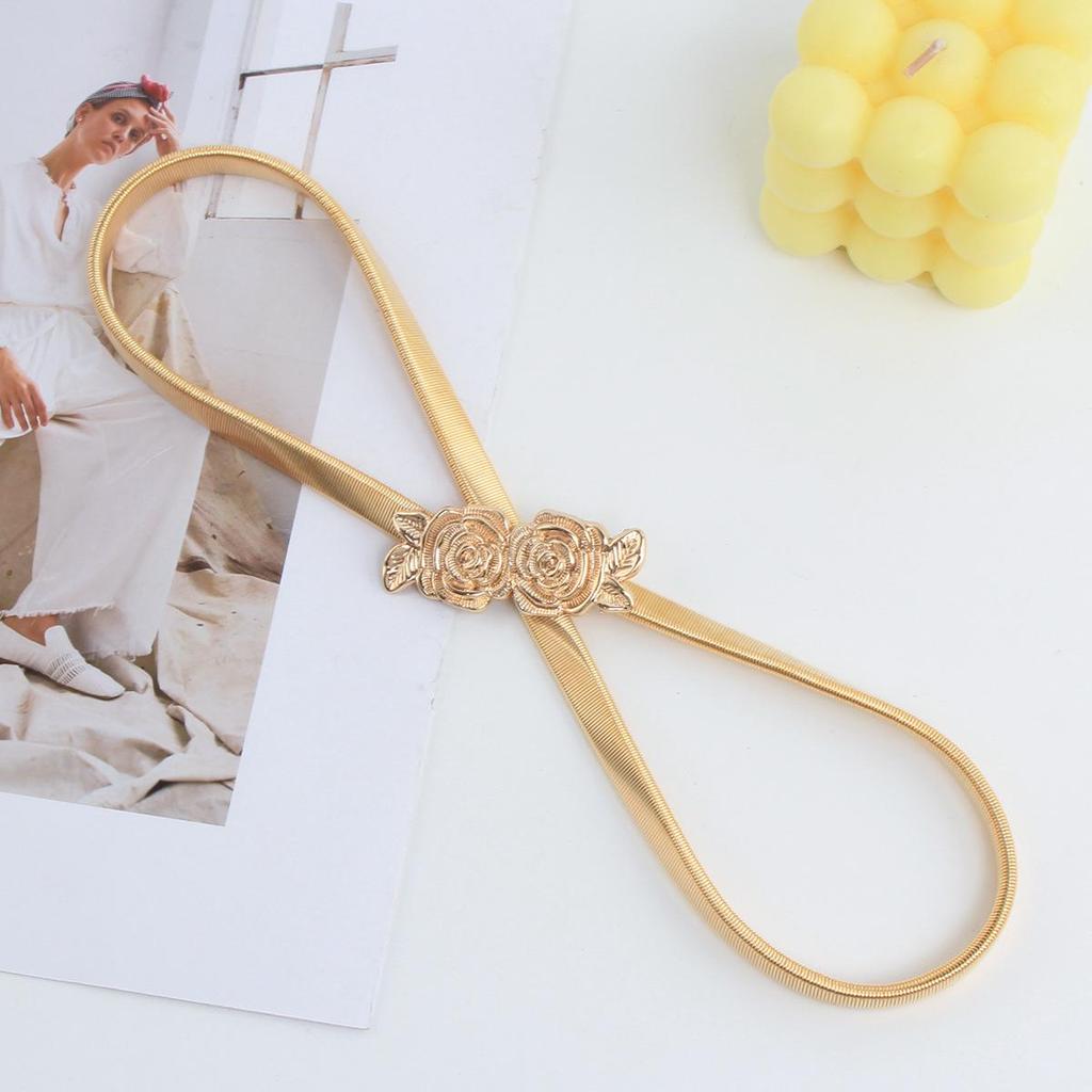 Damski Cienki Metalowy Elastyczny Pasek z Dekoracją Łańcuszka Biodrowego w Kształcie Kwiatu Róży - Idealny do Dopasowania do Spódnic i Sukienek