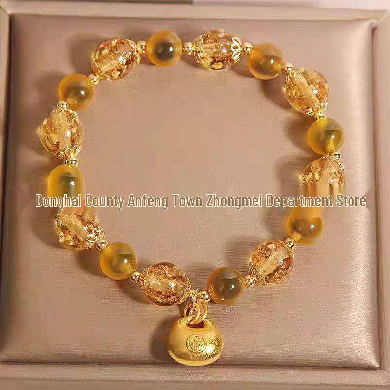 Yellow Heart Agate Luminous Bead Bracelet with Gold Foil Fortune Coin Bag Accessories Polished