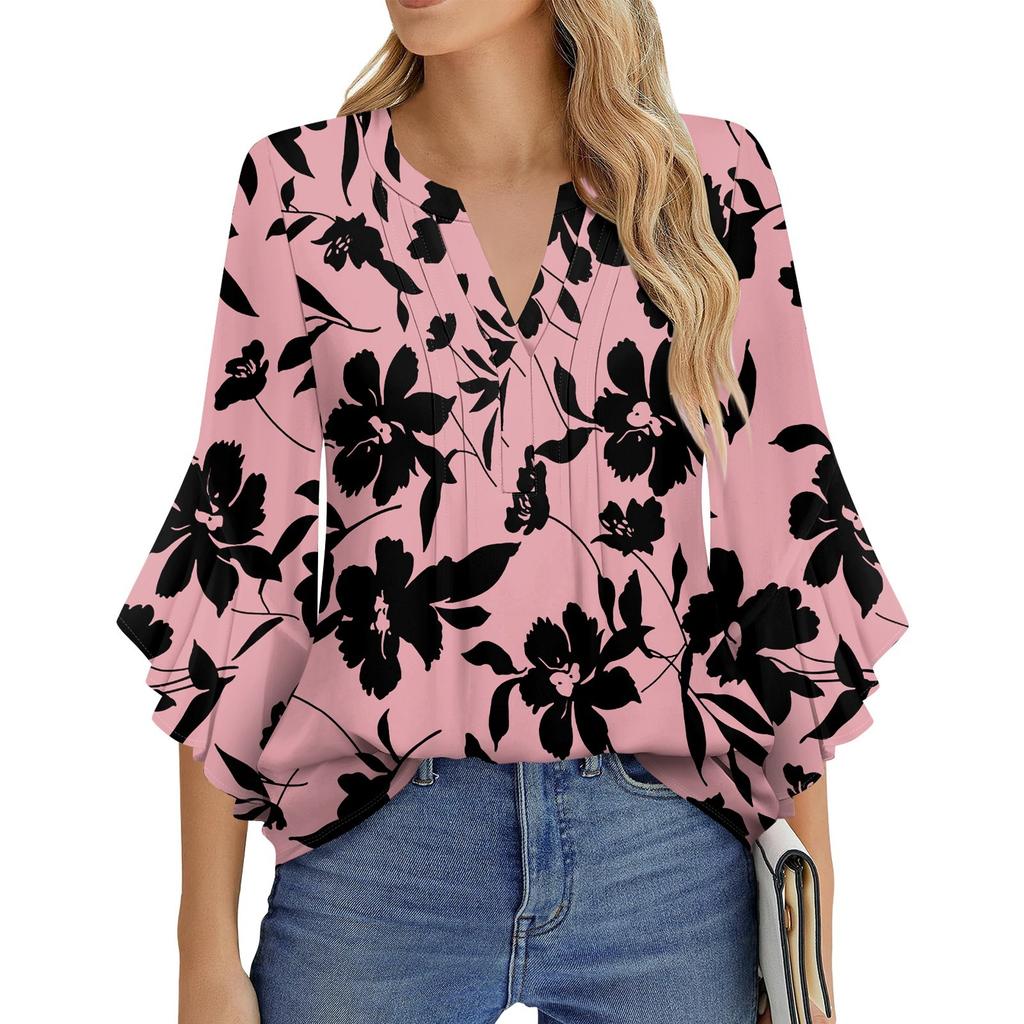 Women's Fashion Casual Pleated V-Neck Solid Color Three-quarter Sleeve T-Shirt Elegant Top