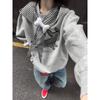 American Embroidered Puppy Plaid Strap Hooded Thin Sweatshirt for Women Autumn Winter College Style