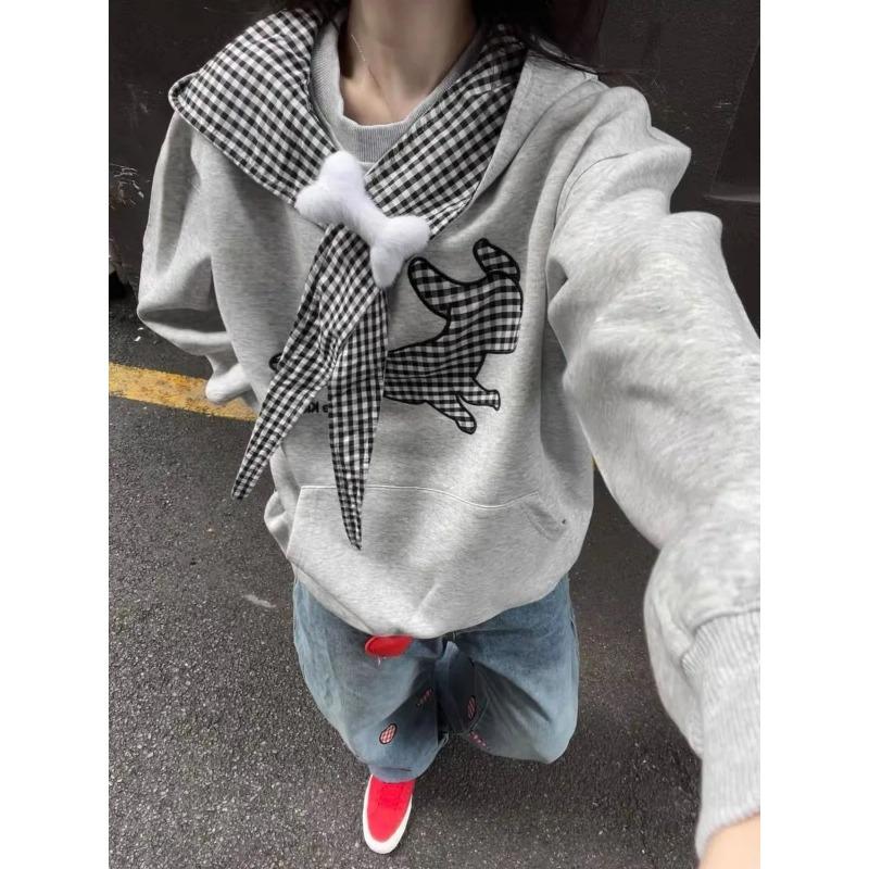 American Embroidered Puppy Plaid Strap Hooded Thin Sweatshirt for Women Autumn Winter College Style