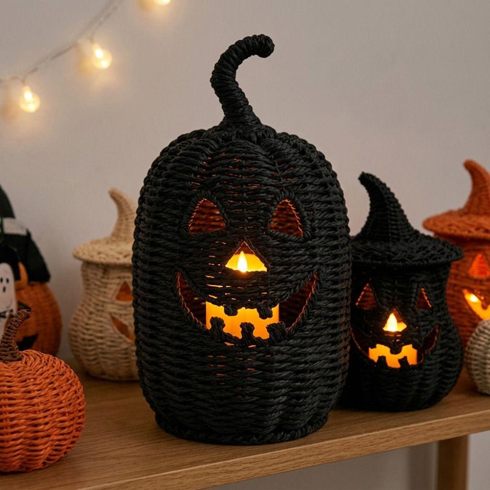 with Witch Hat Halloween Pumpkin Statue Woven Texture Pumpkin Candle Holder  Desk Display