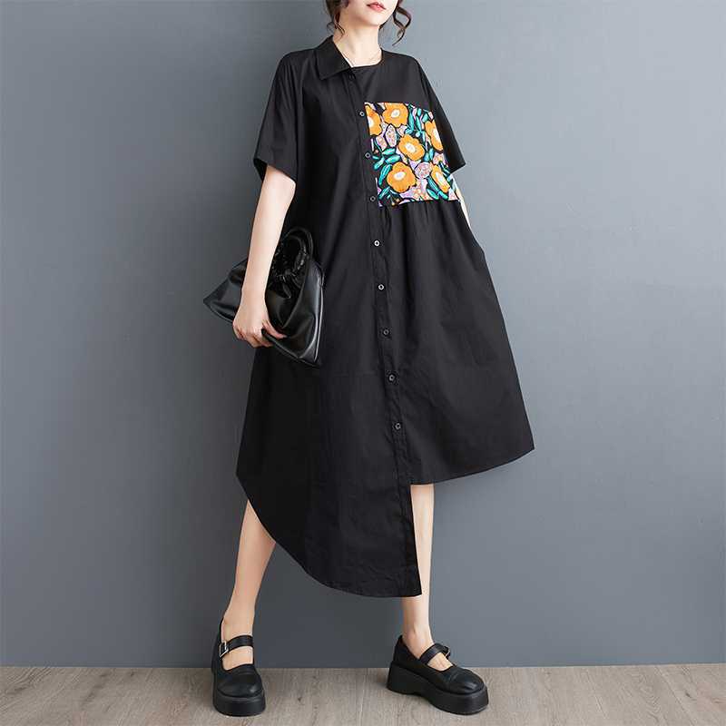 

Летнее свободное платье большого размера с принтом и строчкой, повседневное, простое, милое, с короткими рукавами one size чёрный