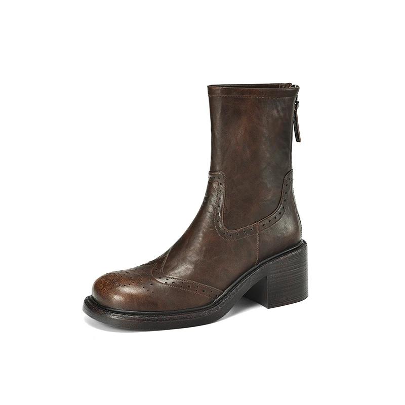 Fashion 2024 Winter Genuine Leather Women Boots Autumn Women Shoes Brogues Vintage Block Chelsea Boots Retro Ankl Boots