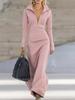 Women Zip Front Stand Collar Long Sleeve Dress Solid Color Long dress