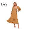 Women Dress Long Sleeves Flower Print A-line Square Neck Midi Casual Elastic Bust Backless Patchwork Hem Pleated Spring Fall Chiffon Outfit