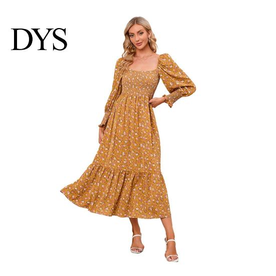 Women Dress Long Sleeves Flower Print A-line Square Neck Midi Casual Elastic Bust Backless Patchwork Hem Pleated Spring Fall Chiffon Outfit